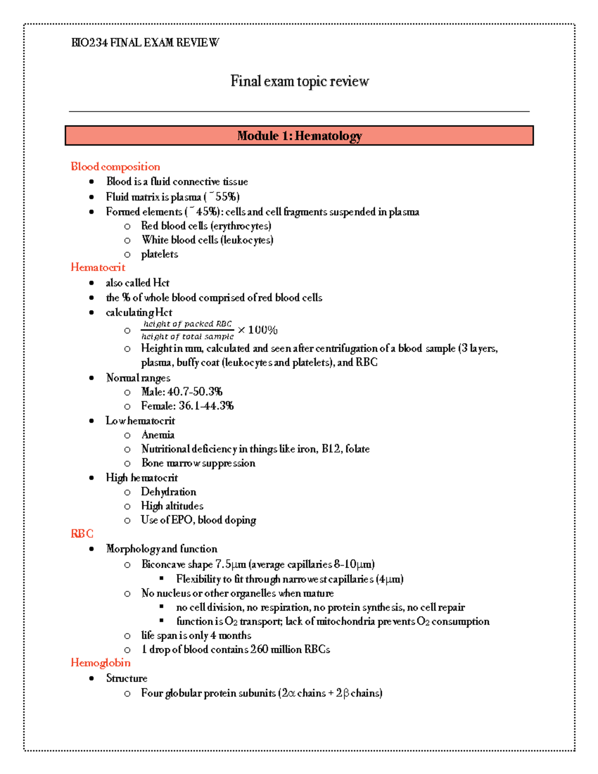 Final exam topic review - Final exam topic review Module 1: Hematology ...