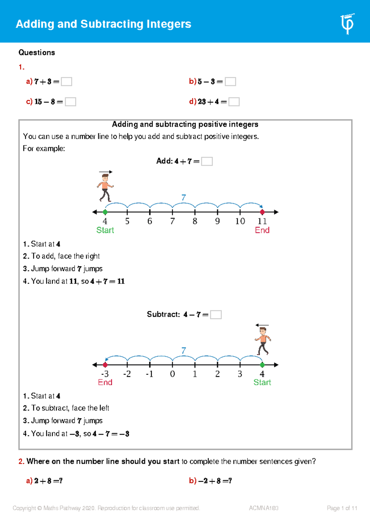 Adding And Subtracting Integers - Questions 1. A) 7 + 3 = B) 5 − 3 = C ...