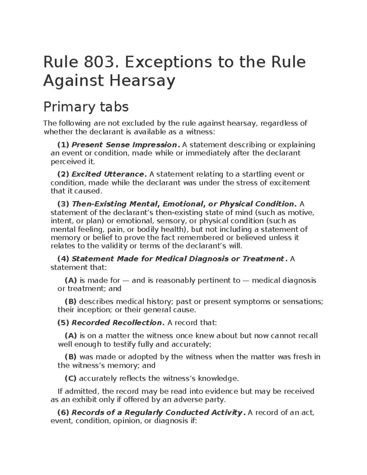 Hearsay Exception Rules And Advisory Notes - Rule 803. Exceptions To ...