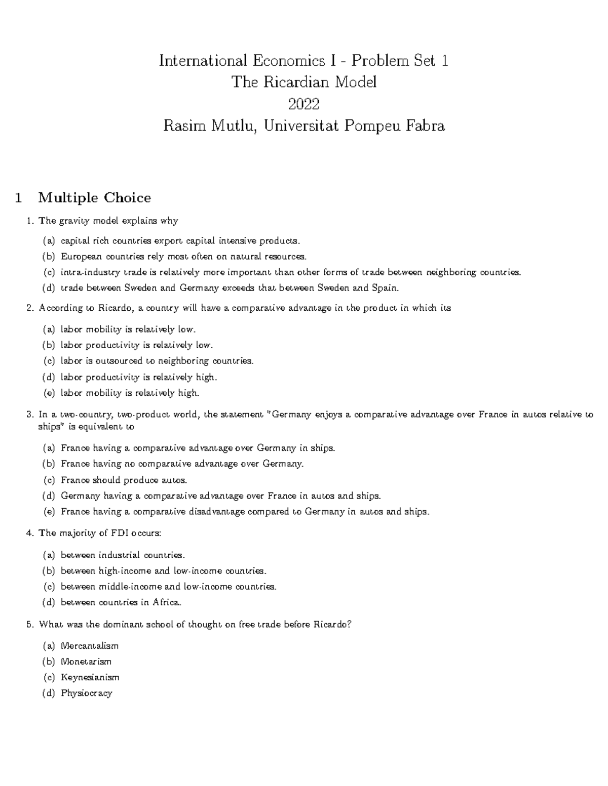 PS 1 Ricardo Students - Problem Set 1 Ricardian Model - International ...