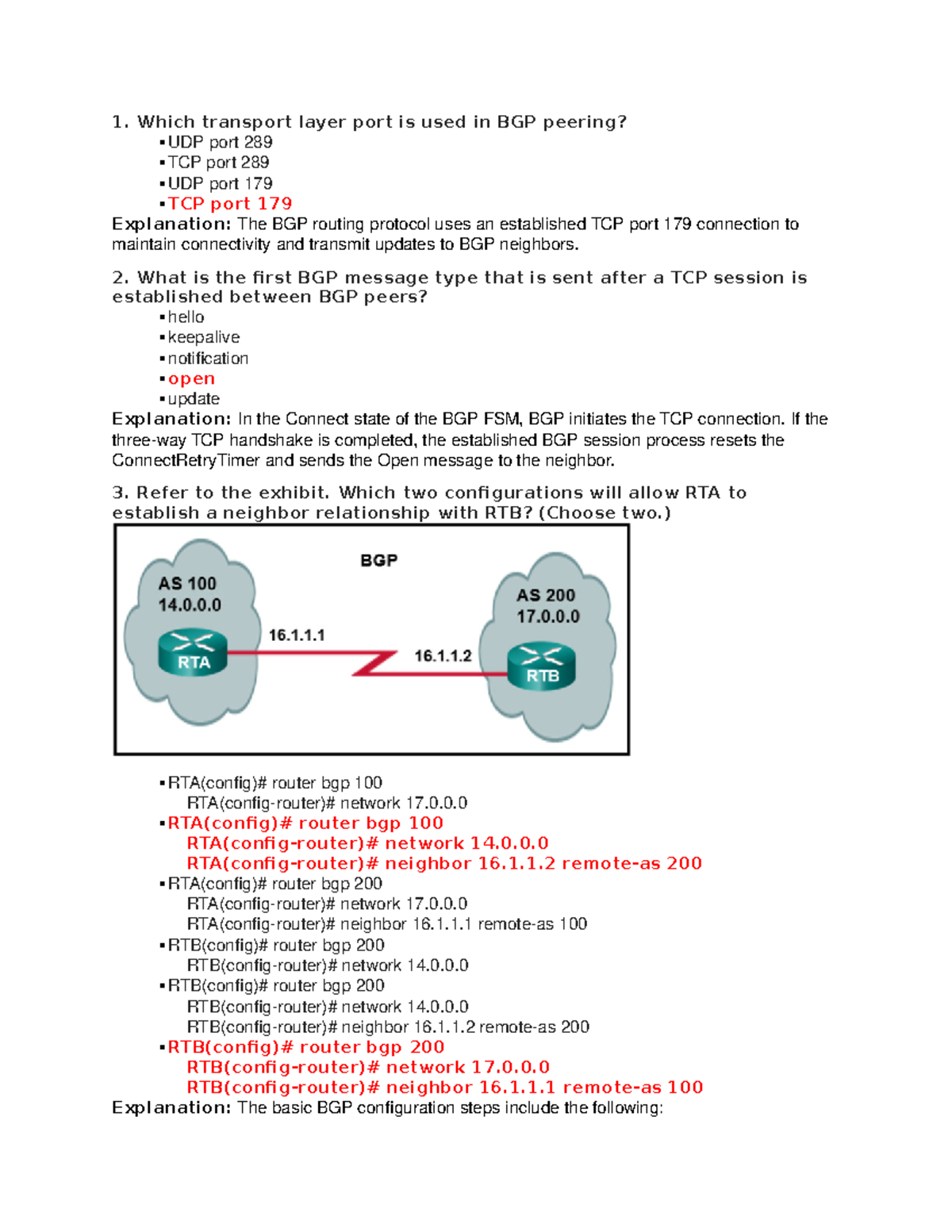 Chapter 11 Quiz – BGP (Answers) CCNPv 8 Encor - 1. Which Transport ...