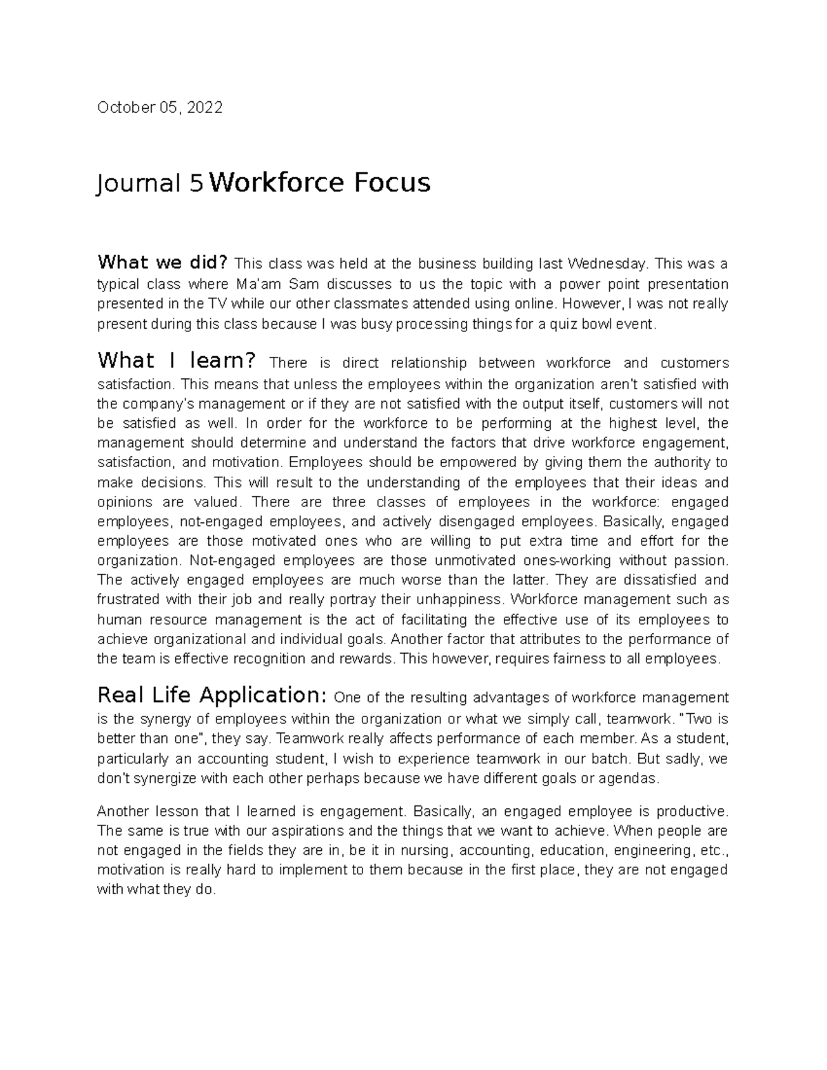 Journal 5 - Reflection - October 05, 2022 Journal 5 Workforce Focus ...