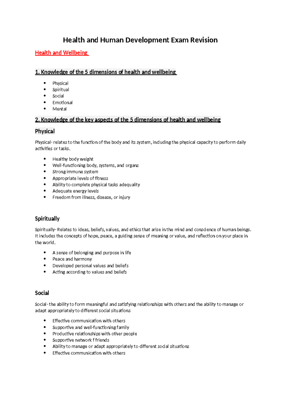 Health and Human Development Exam Revision - Knowledge of the 5 ...