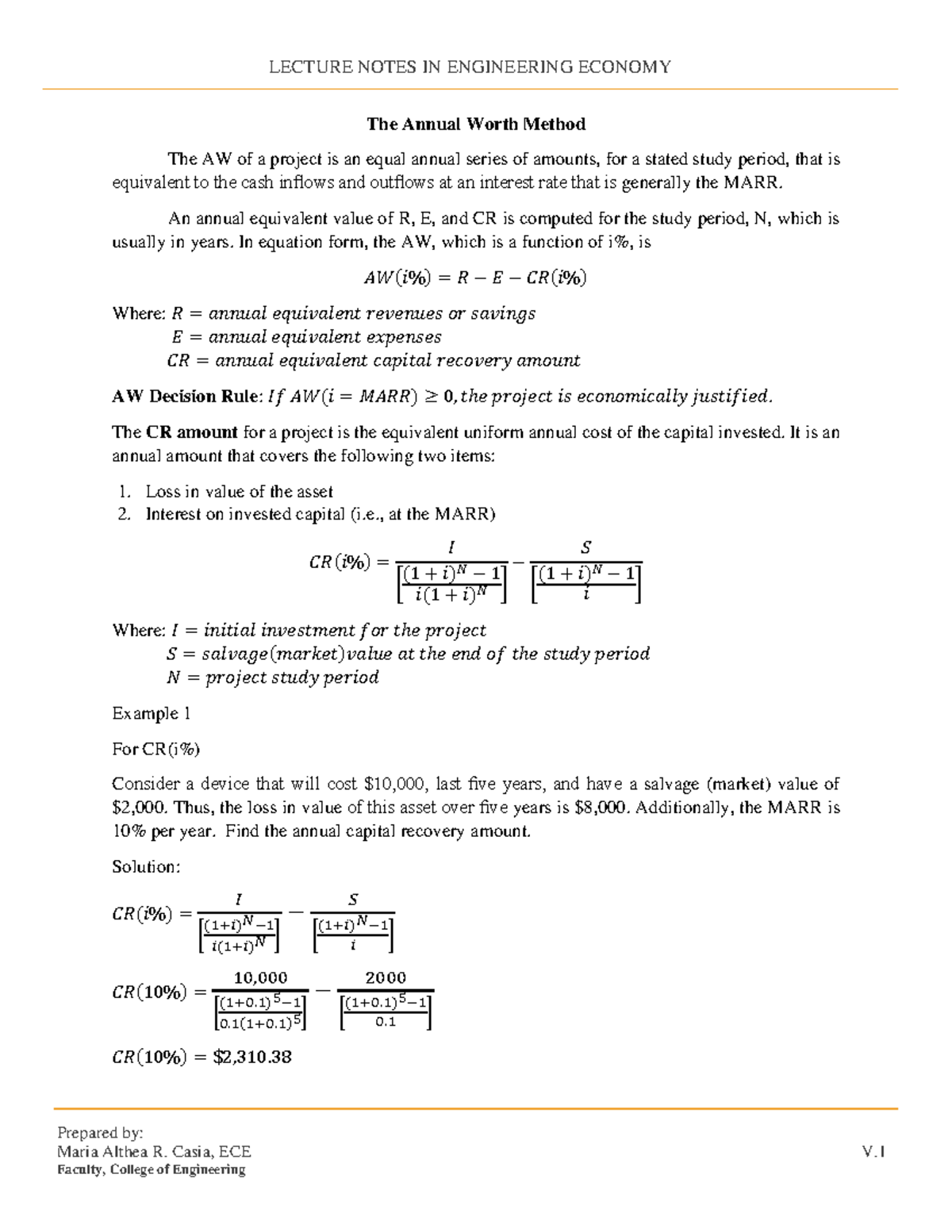 8. The Annual Worth Method - Lecture Notes In Engineering Economy 