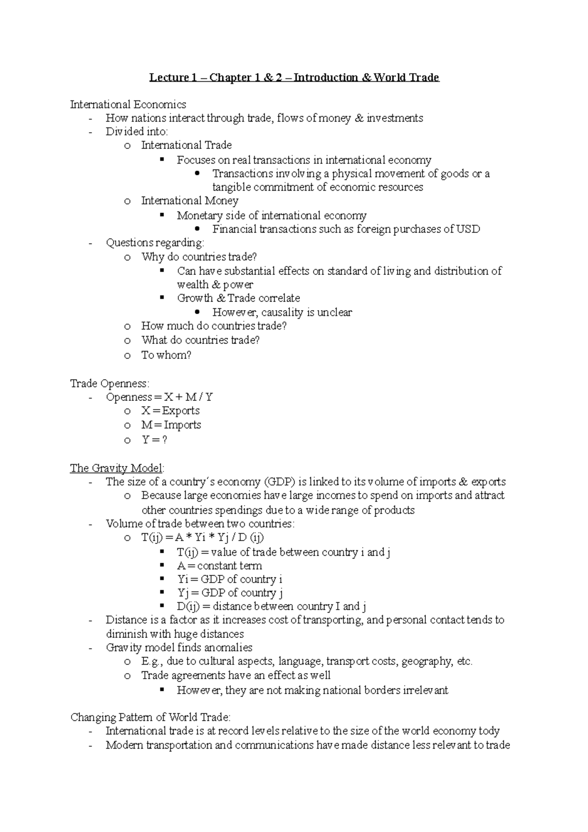 Notes - Int. Econ. - NEKA64 - Lecture 1 – Chapter 1 & 2 – Introduction ...