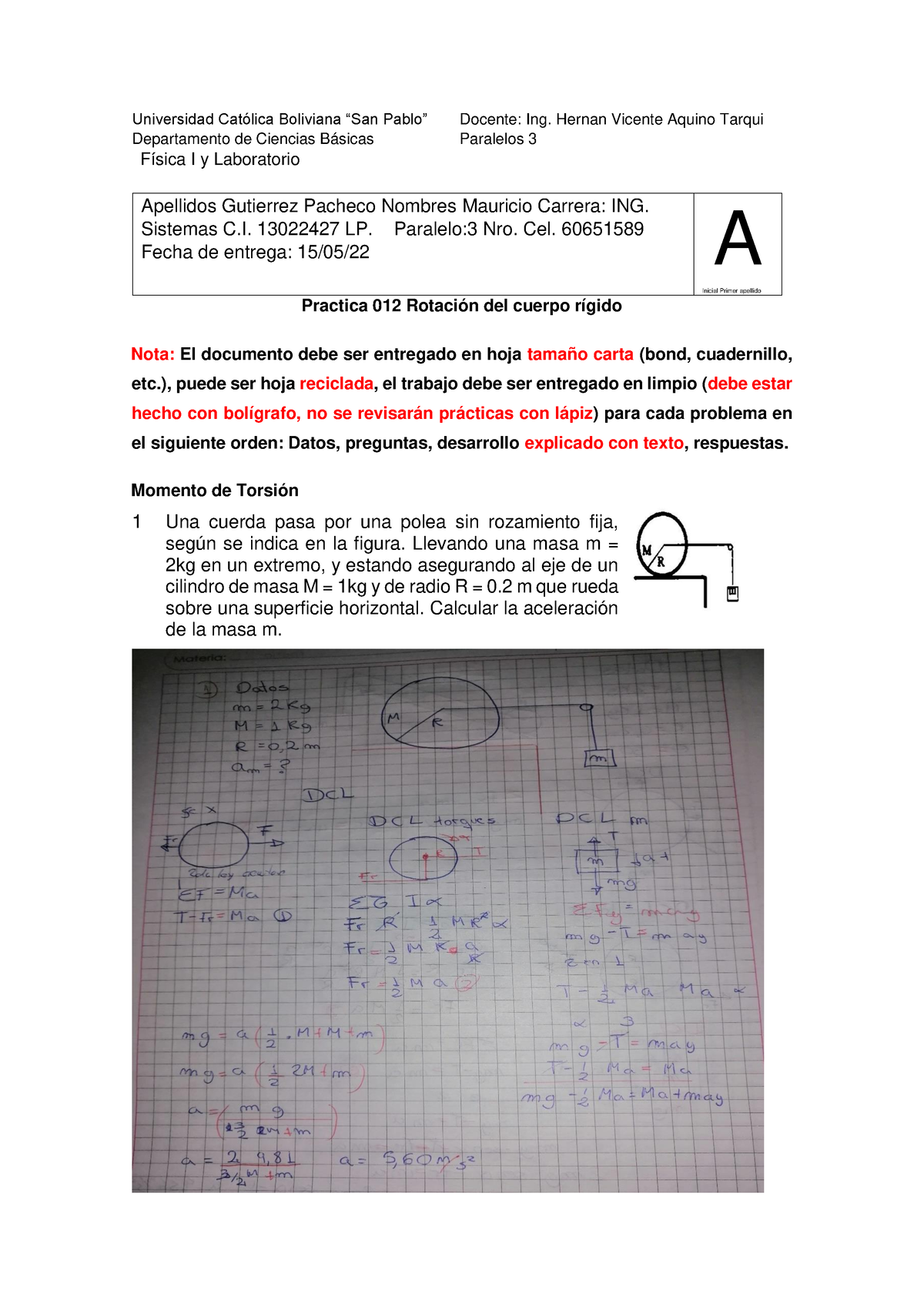 Practica 012 Rotacion Del Cuerpo Rigido - Universidad Católica Boliviana