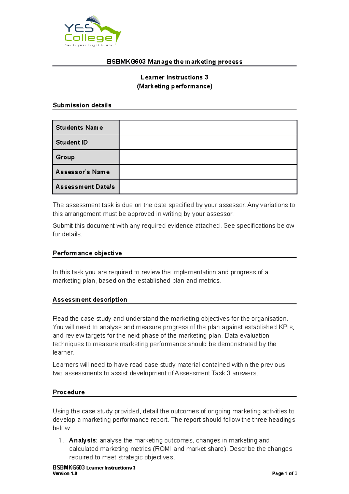 10. Bsbmkg 603 Assessment 3 Learner - BSBMKG603 Manage the marketing ...