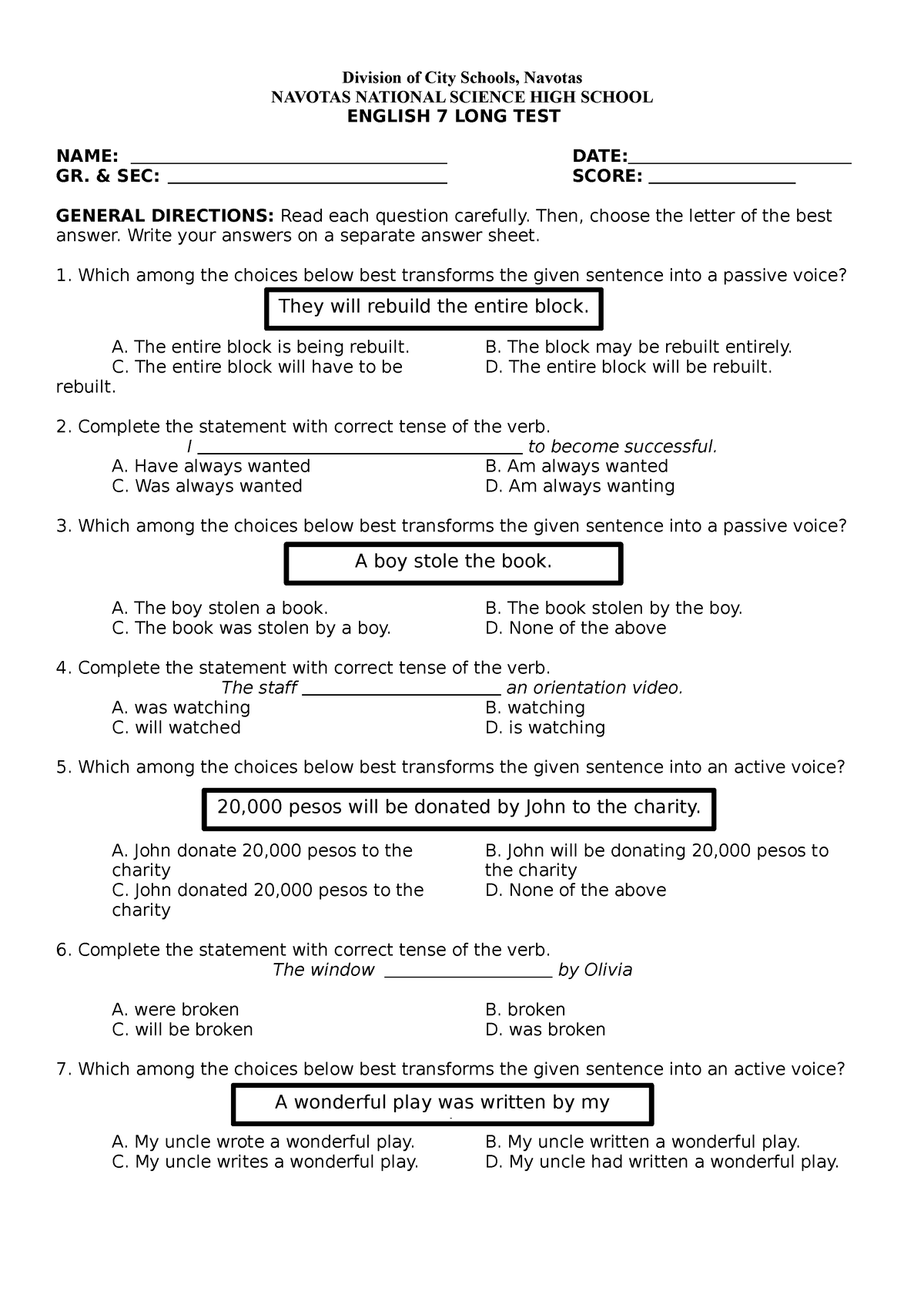 Q1 G7 Long Test - N/A - Basic English Course 2 - PUP - Studocu