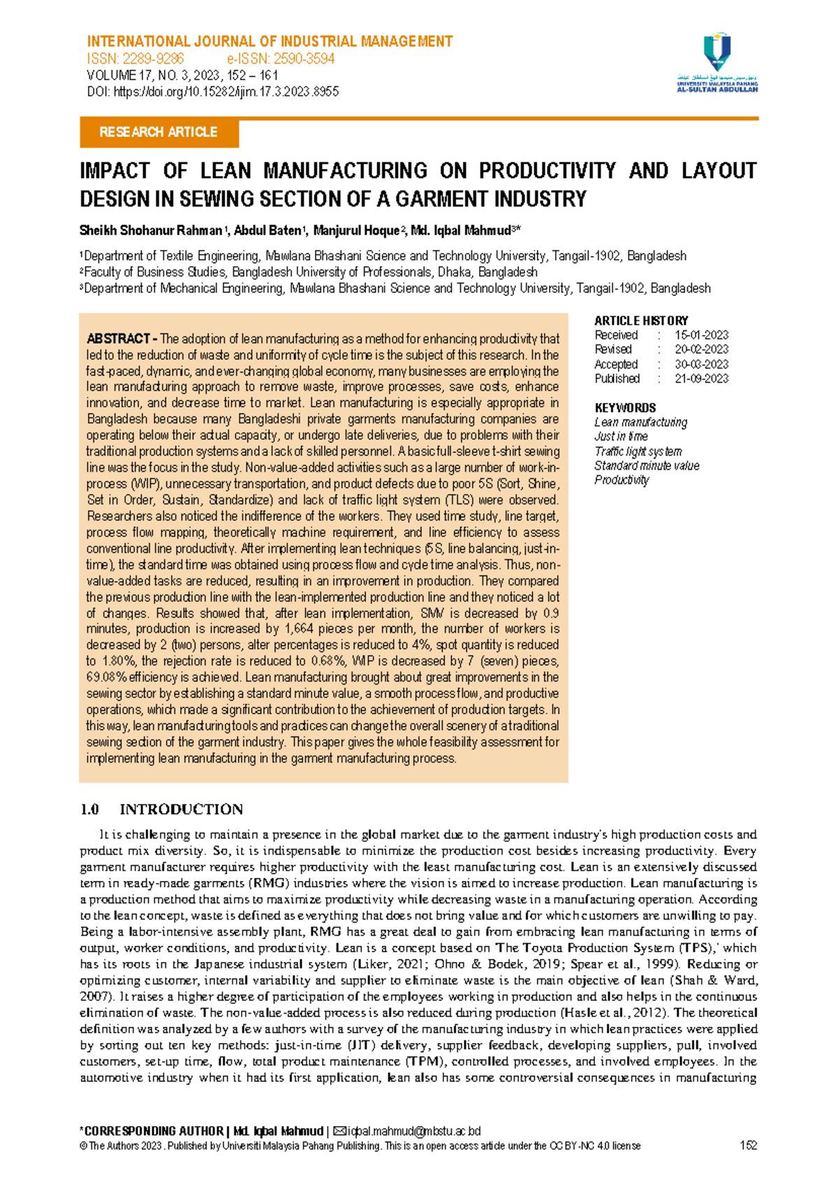 Impact OF LEAN Manufacturing ON Productivity AND L - INTERNATIONAL ...