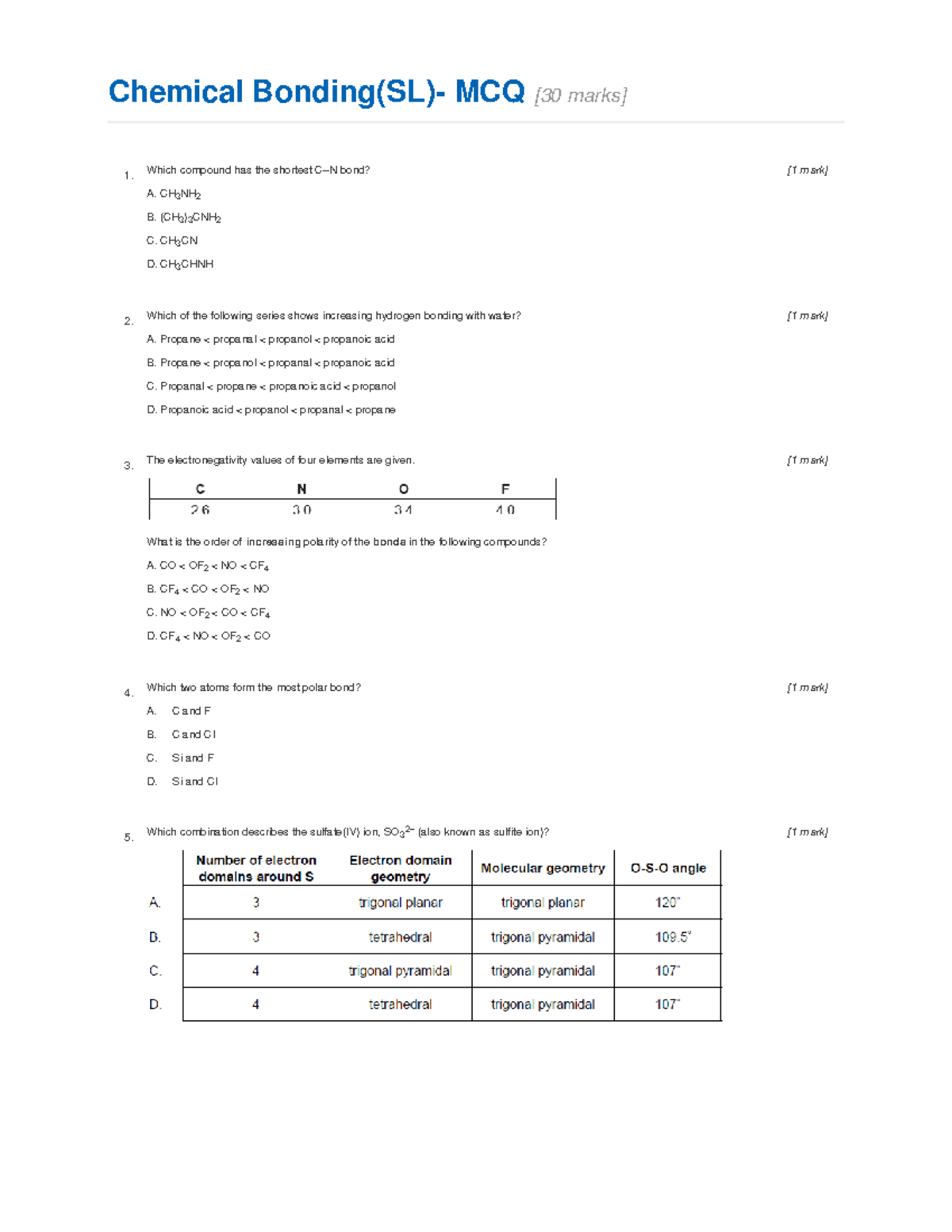 Chemical Bonding SL - MCQ - Chemical Bonding(SL)- MCQ [30 Marks] Which ...