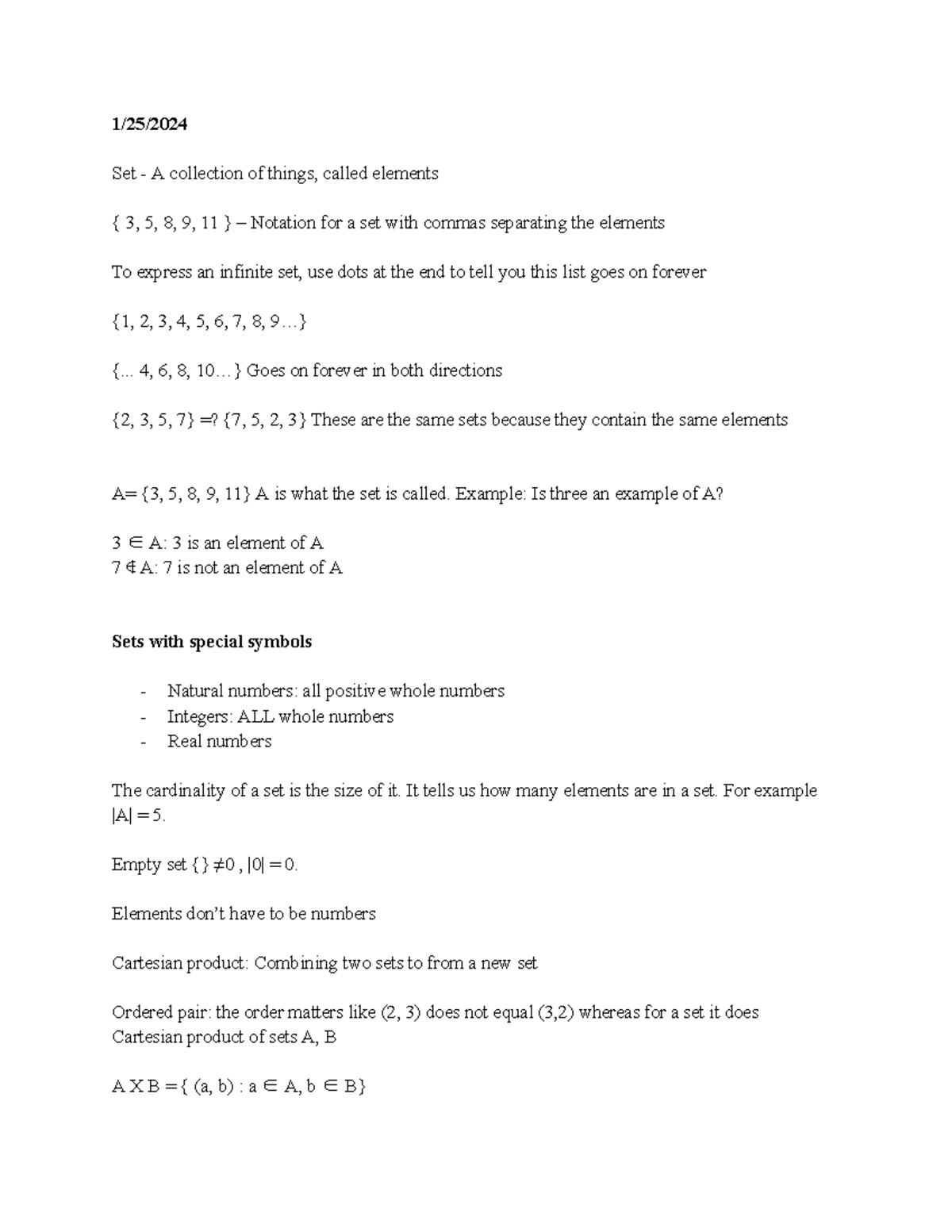 Math 140 notes - 1/25/ Set - A collection of things, called elements ...