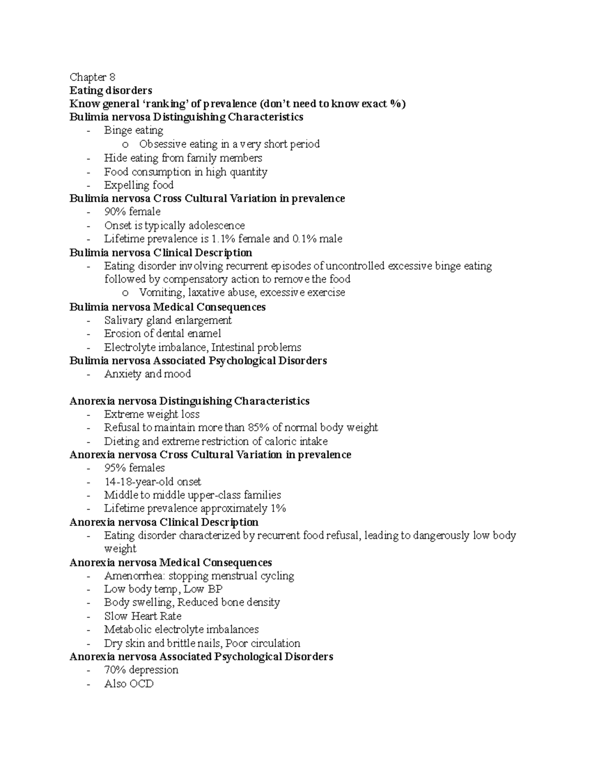 Exam 3 Study Guide - Chapter 8 Eating disorders Know general of ...