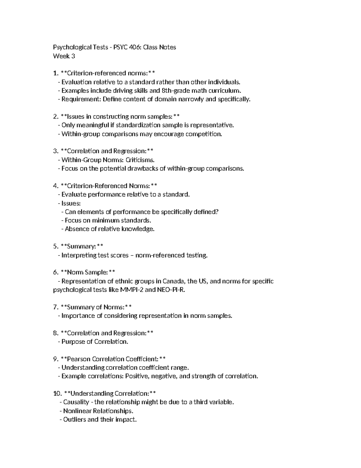 Class 3 - Psychological Tests - PSYC 406: Class Notes Week 3 Criterion ...