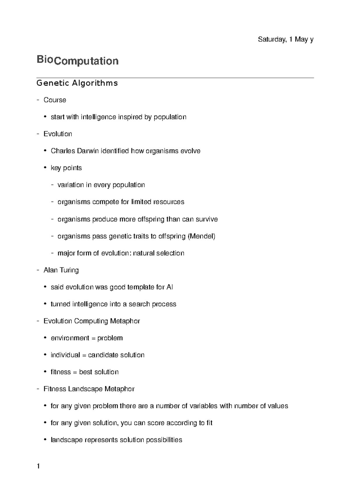 Bio Computation Introduction - BioComputation Genetic Algorithms ...