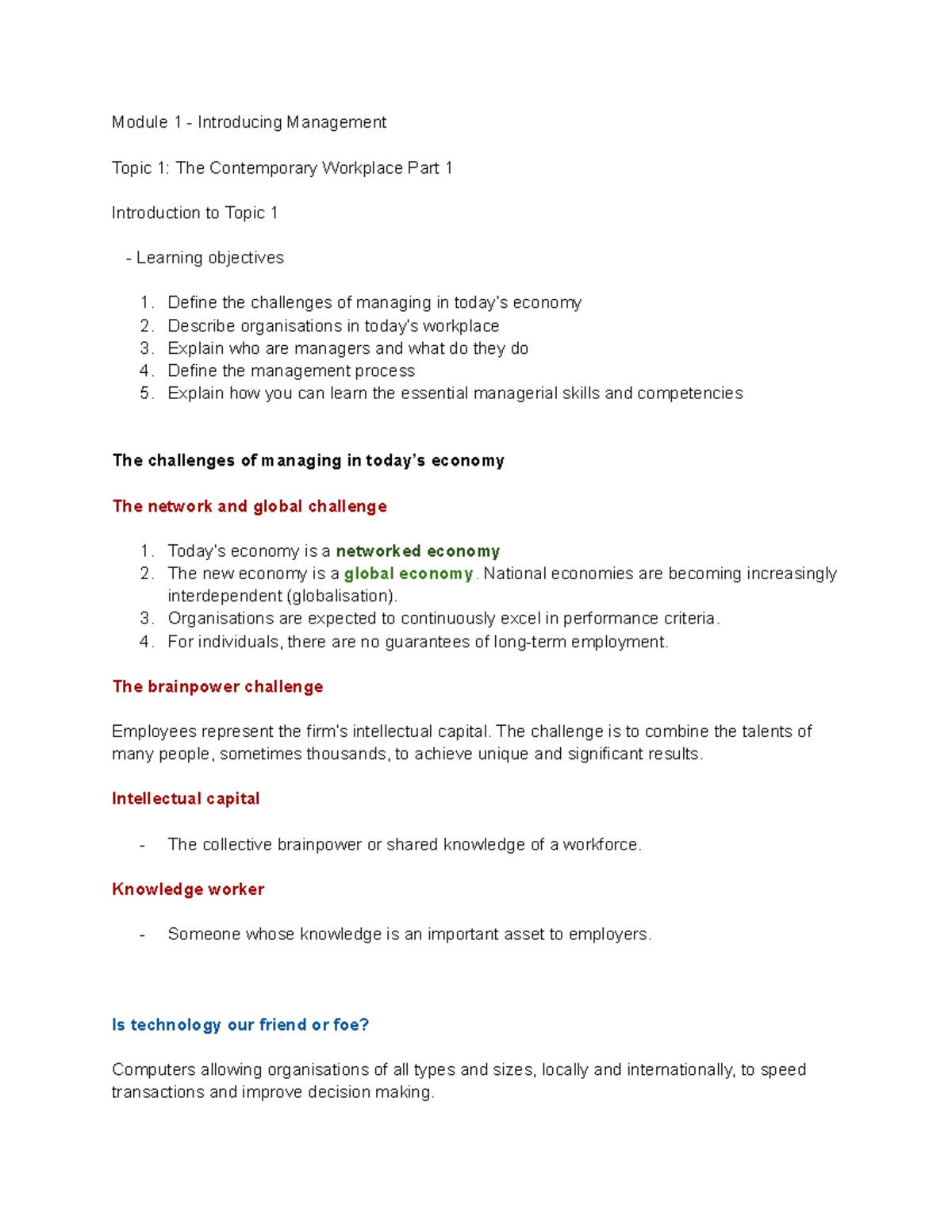 Management concept notes - Module 1 - Introducing Management Topic 1 ...