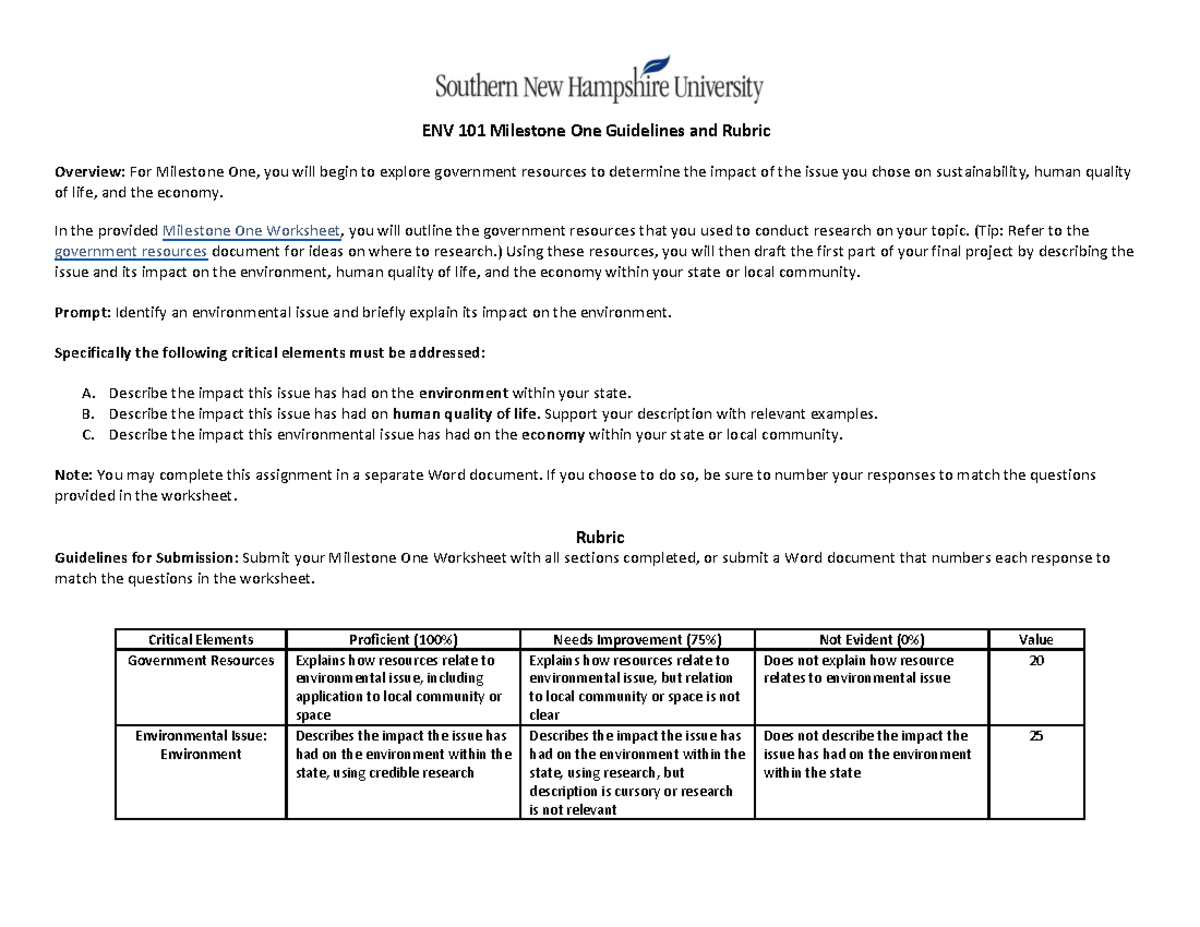 ENV 101 Milestone One Guidelines And Rubric - In The Provided Milestone ...