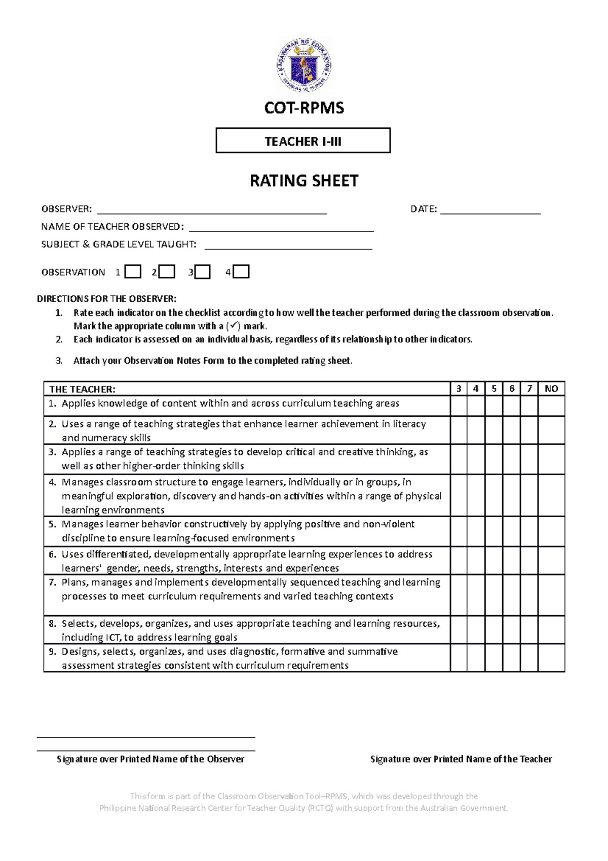 COT Rating Sheet Teacher I-III - COT-RPMS RATING SHEET OBSERVER: - Studocu