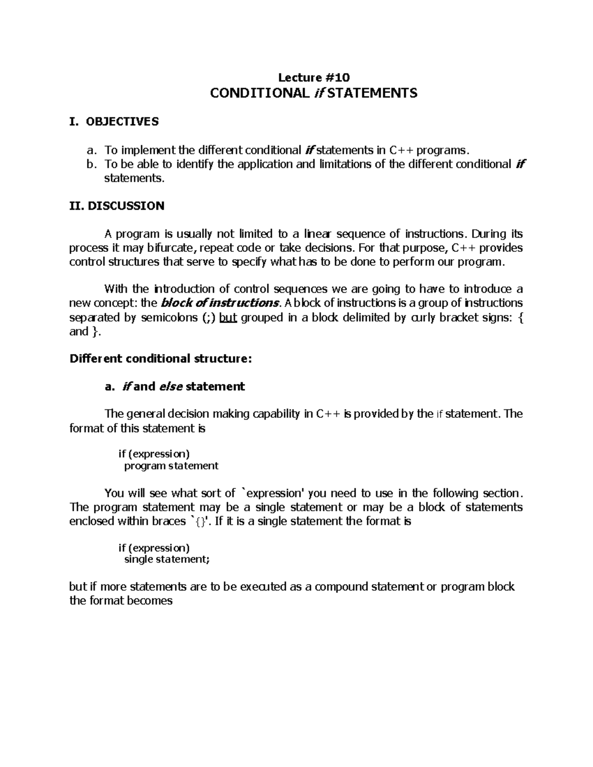 Conditional-if c++ program - Lecture # CONDITIONAL if STATEMENTS I ...