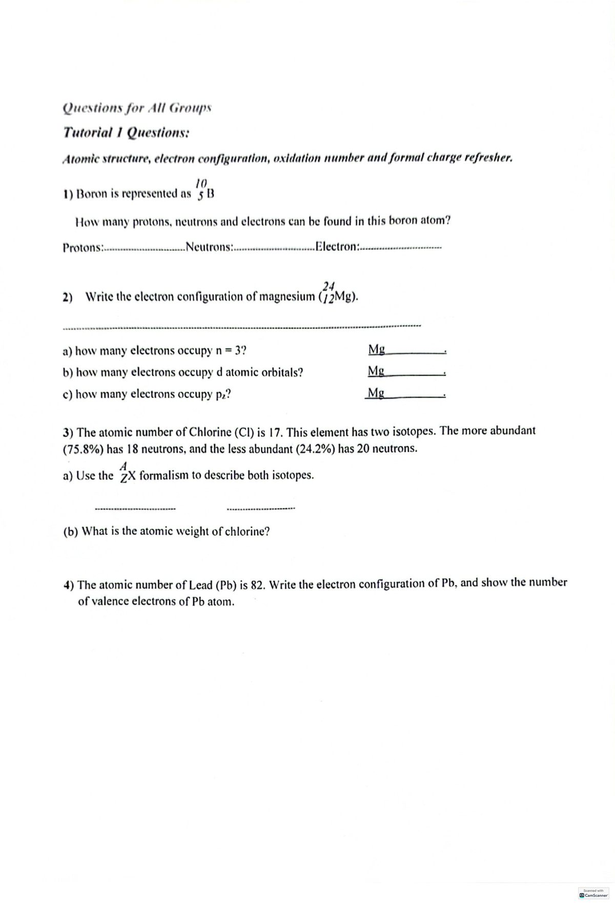 Chem Tut 1 - Tutorial 1 - Questions for All Groups Tutorial Questions ...