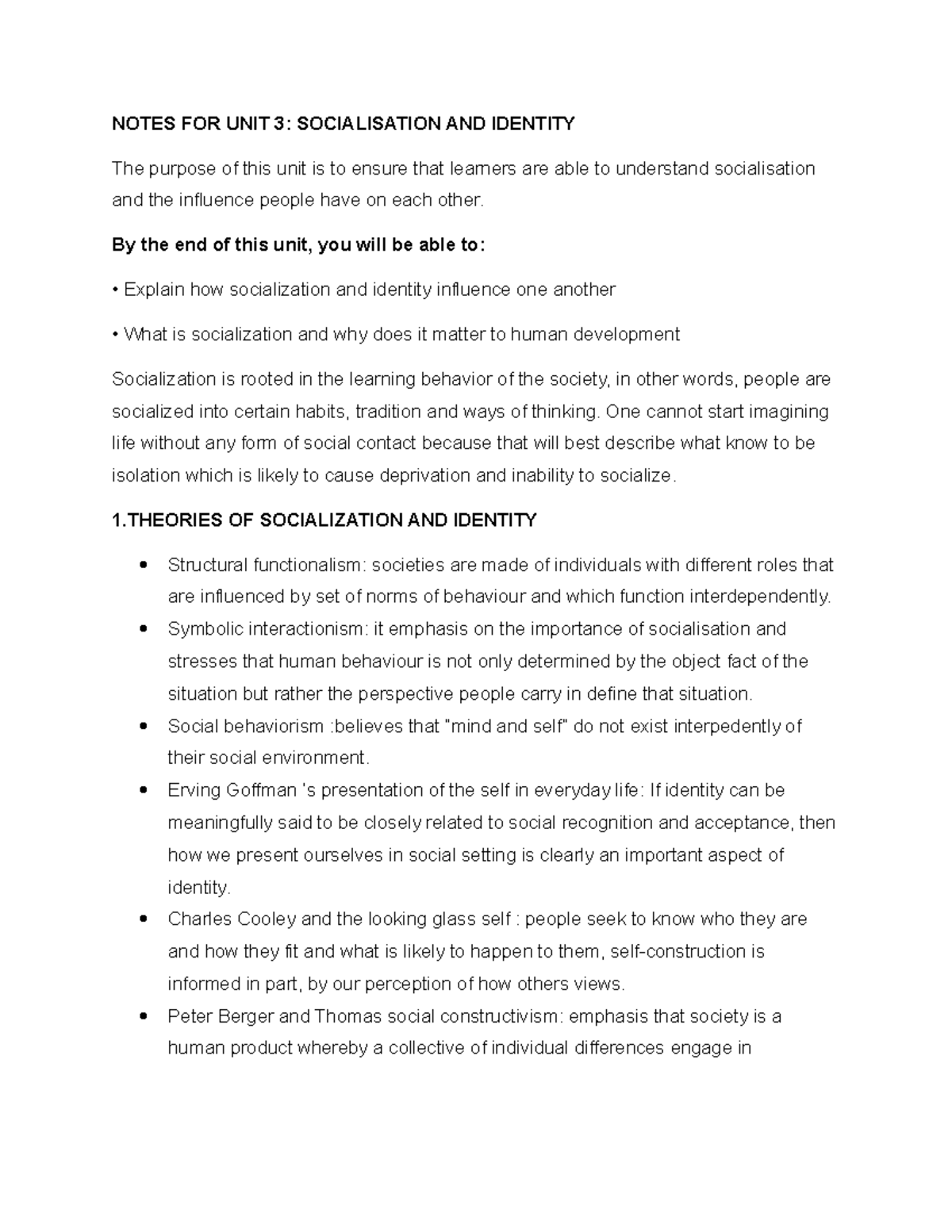 UNIT 3: SOCIALISATION AND IDENTITY - NOTES FOR UNIT 3: SOCIALISATION ...