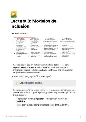 Resumen Lectura 8 Modelos de inclusión - ? Lectura 8: Modelos de inclusión Cuadro  resumen Las - Studocu