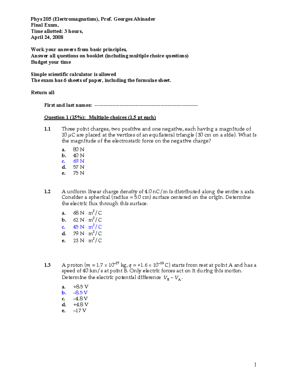 PHYS 205 Sample Final Exam 2008 - Phys 205 (Electromagnatism), Prof ...