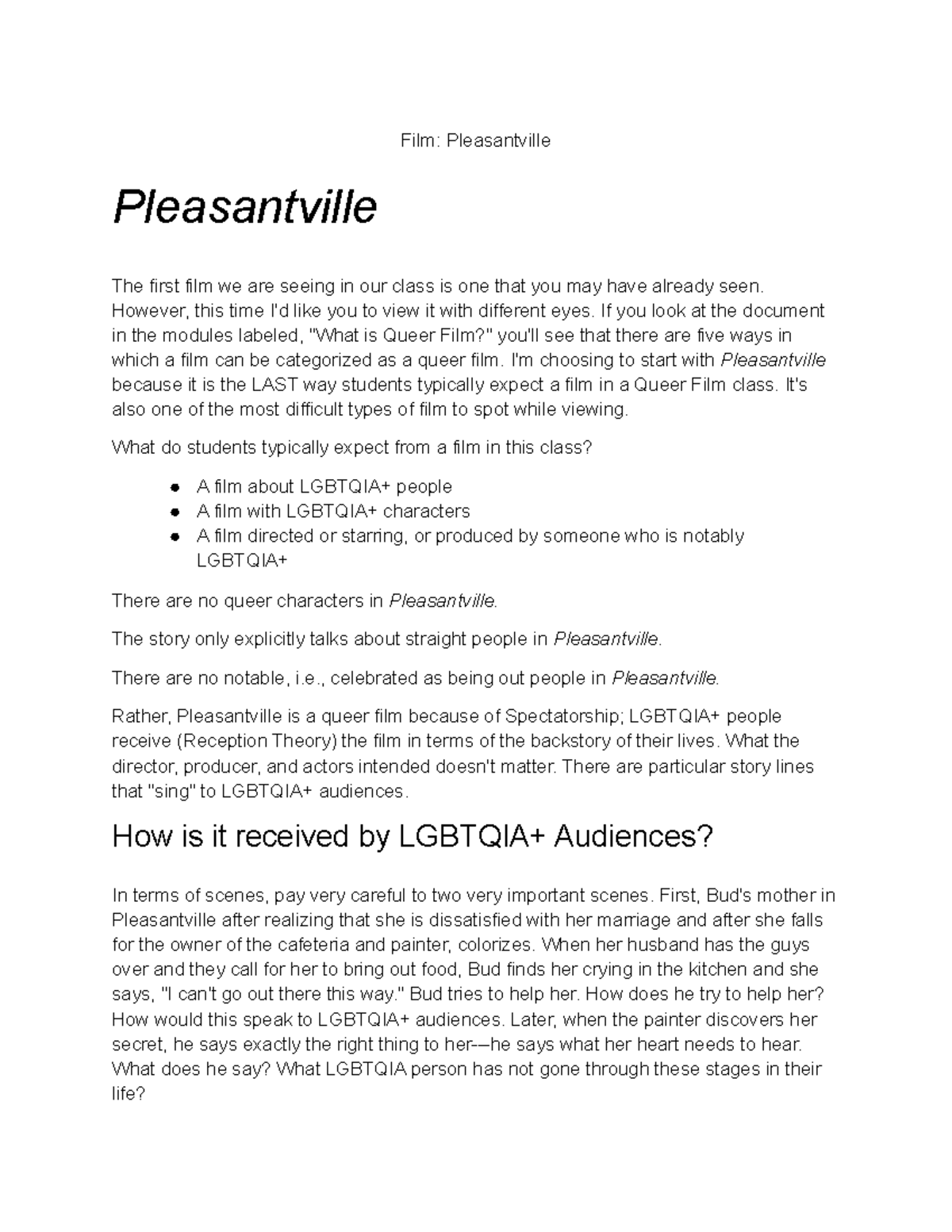 pleasantville movie summary essay