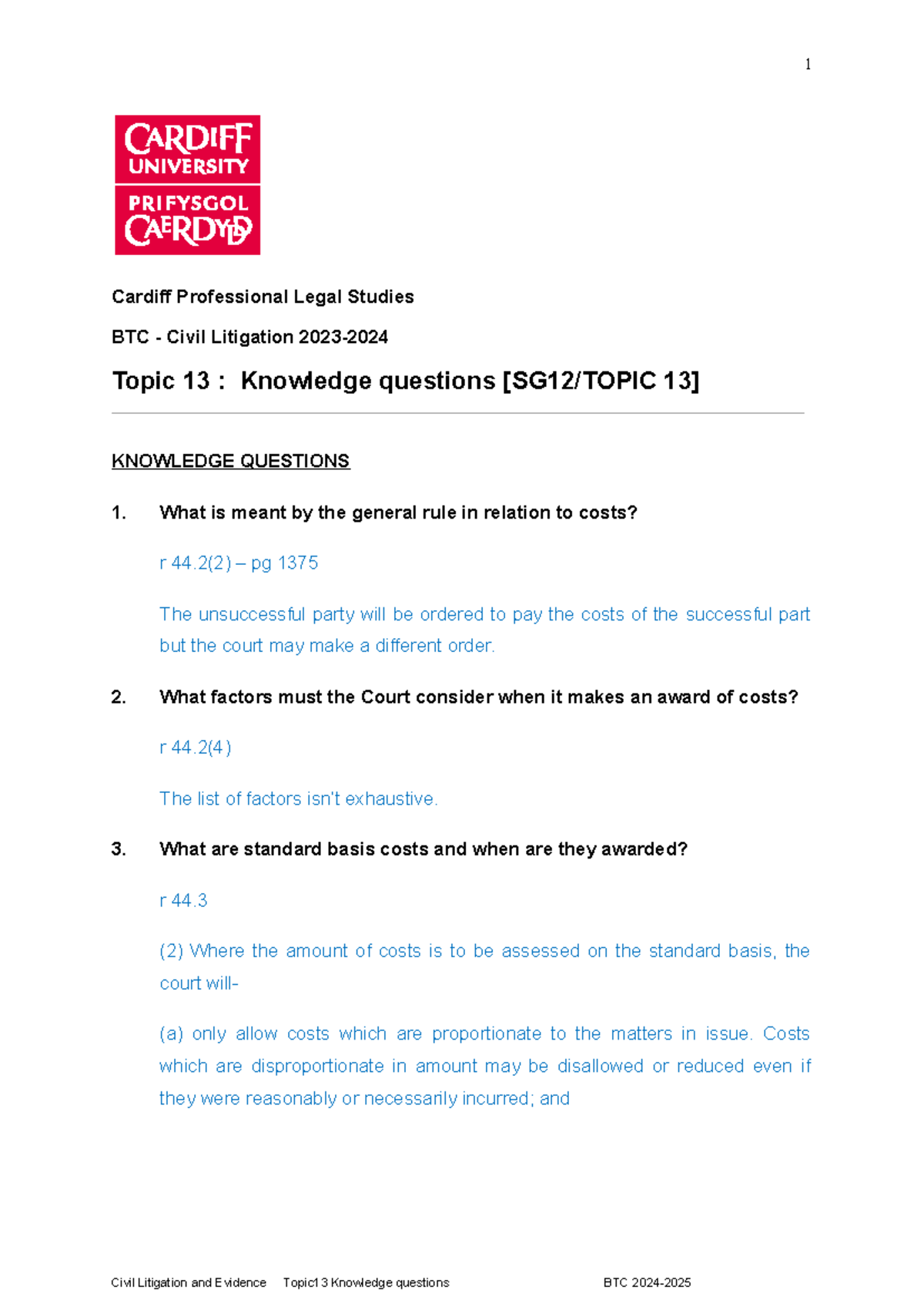 Costs Knowledge Questions 2425 - Cardiff Professional Legal Studies BTC ...