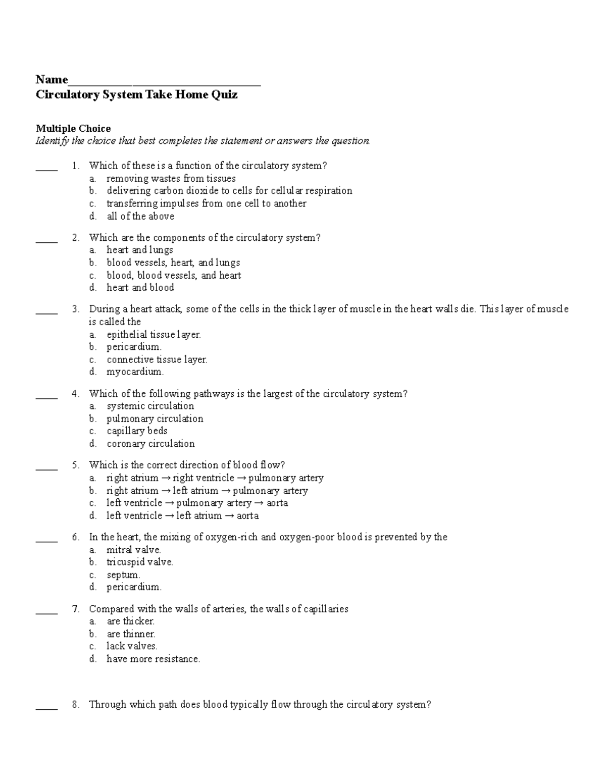 Circulatory system quiz Name