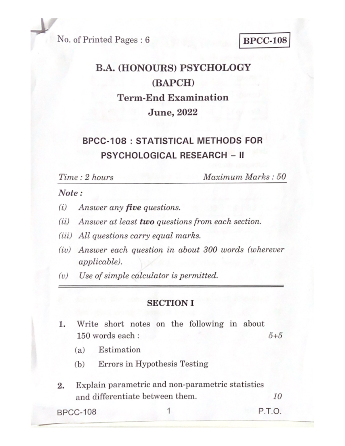 BPCC 108 June Question Paper - B A Honours Psychology - Studocu