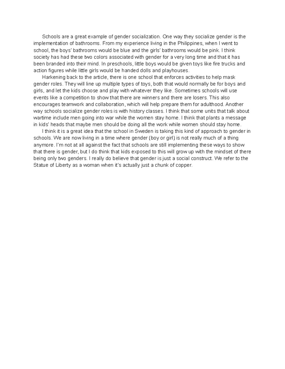 SOC 200 Gender Socialization in Schools - Schools are a great example ...