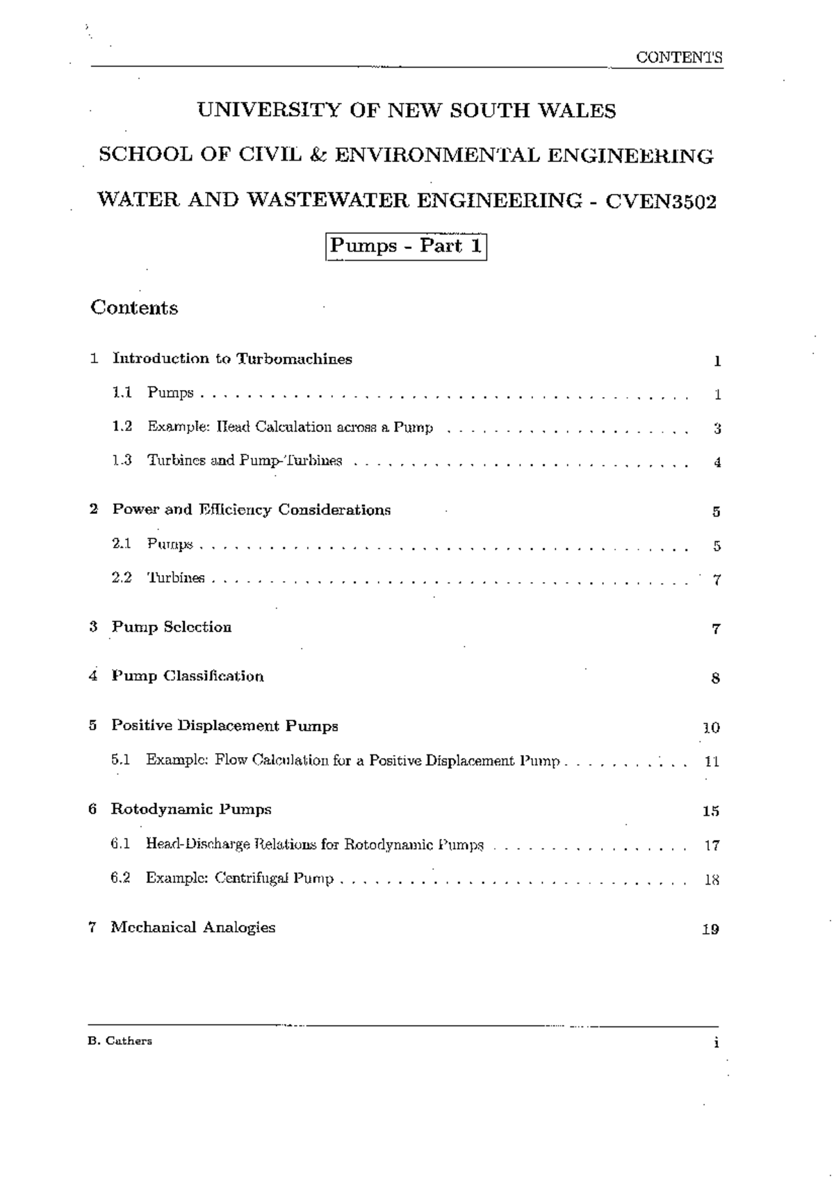 Pumps Part 1 Notes - CONTENTS UNIVERSITY OF NEW SOUTH WALES SCHOOL OF ...