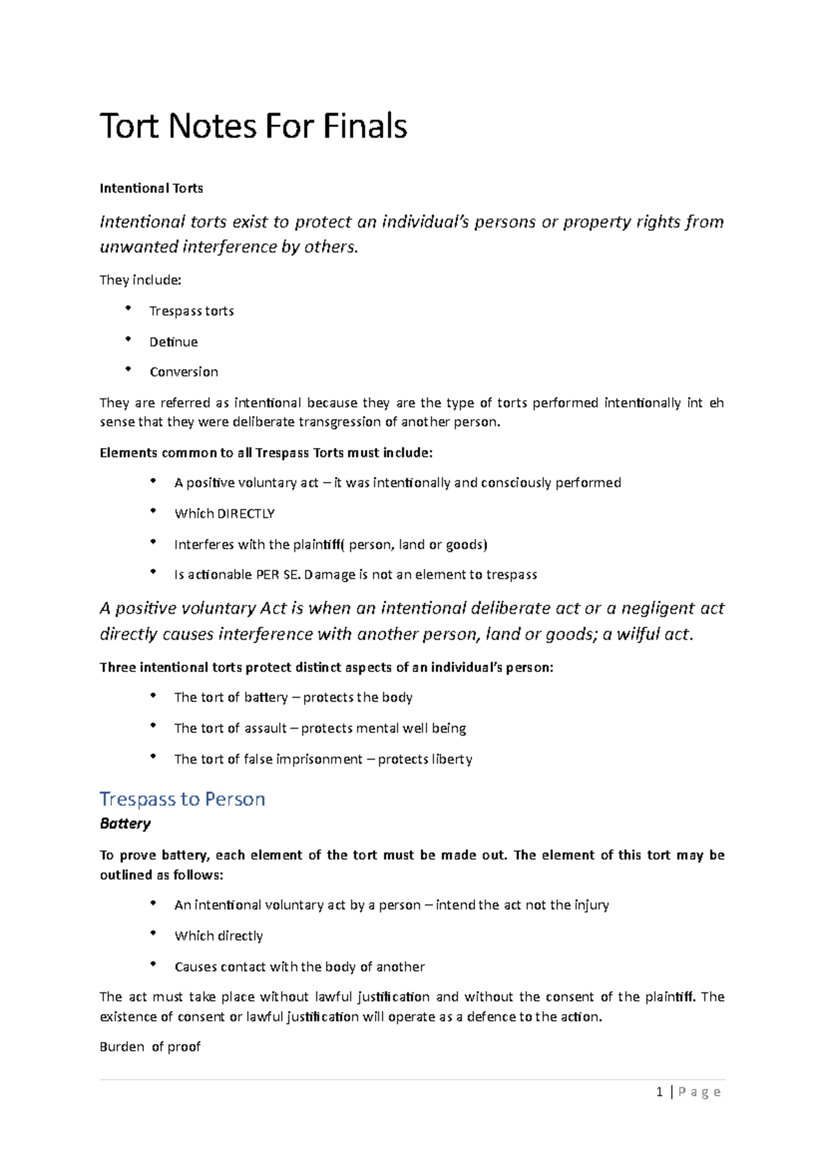 UTS Torts 70114 - Tort Notes For Finals Inten%onal Torts Inten%onal ...