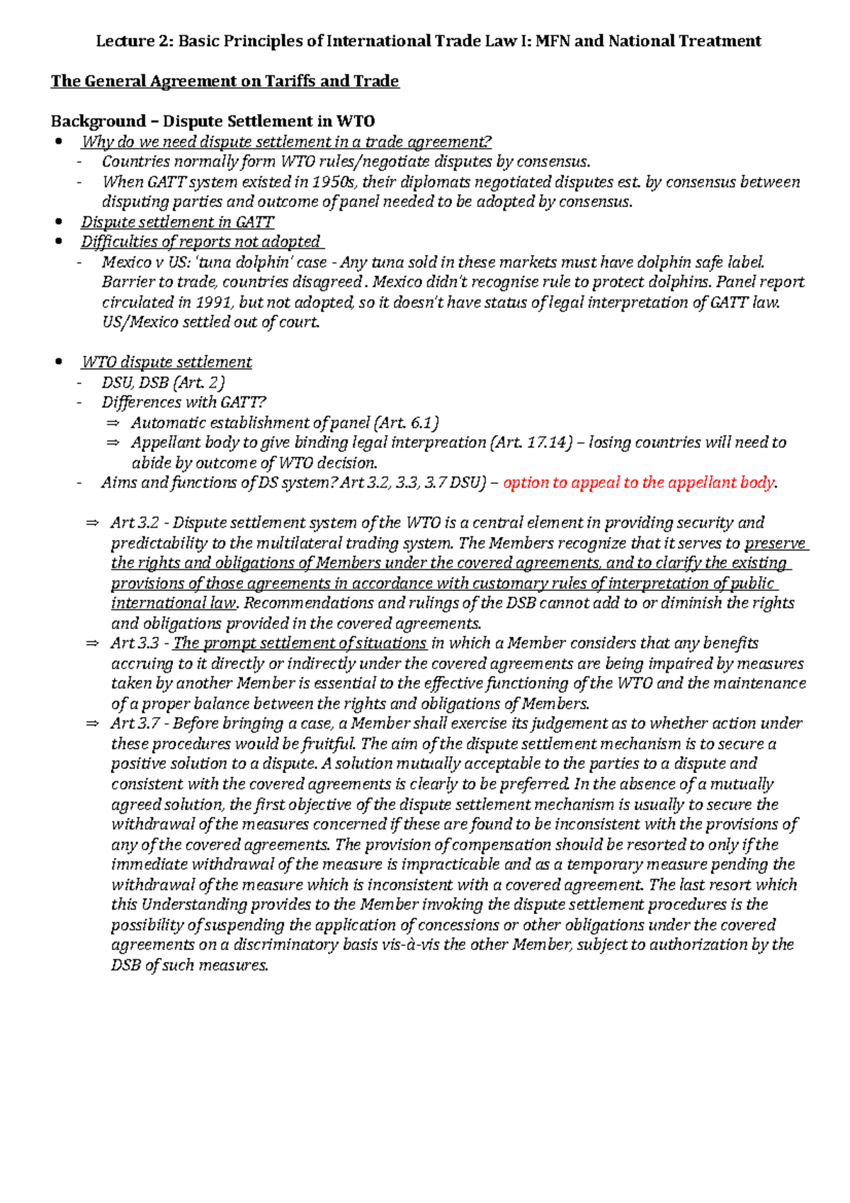 Basic Principles of International Trade Law I MFN and National