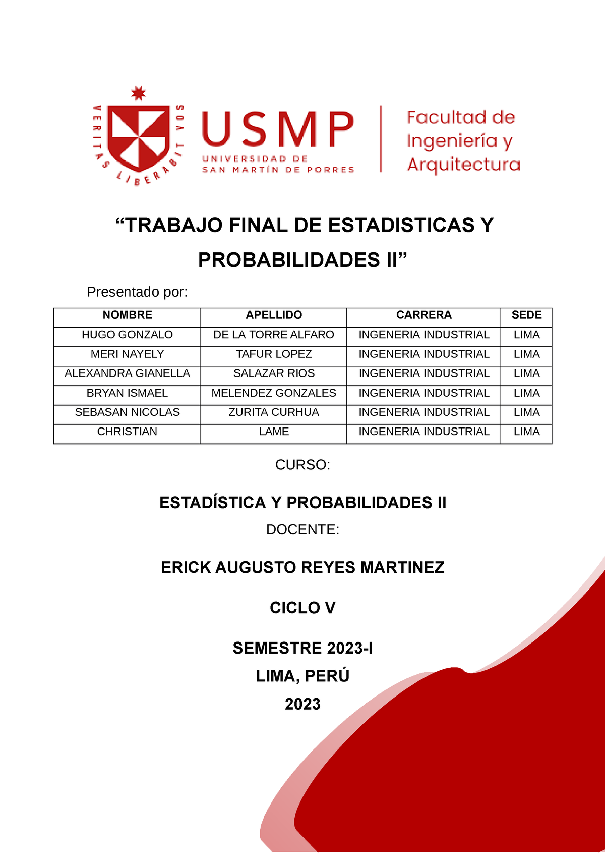 Trabajo Final DE Estadisticas Y Probabilidades II 2023 - “TRABAJO FINAL ...