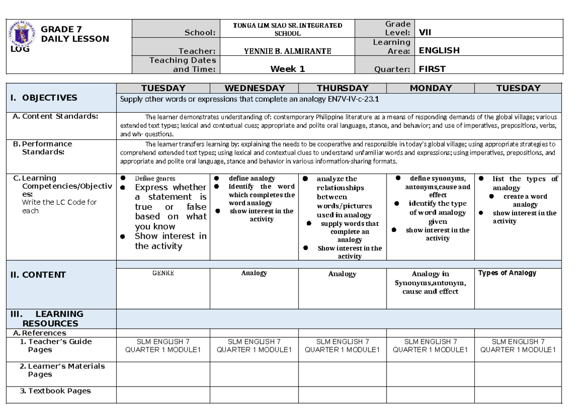 Week 2 - ENGLISH 7 - GRADE 7 DAILY LESSON LOG School: TONGA LIM SIAO SR ...