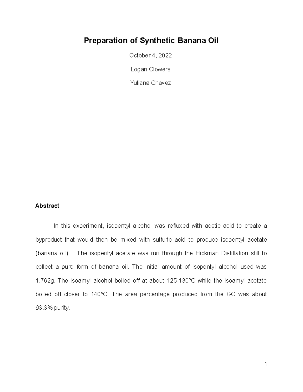 Preparation of Synthetic Banana Oil Preparation of Synthetic Banana