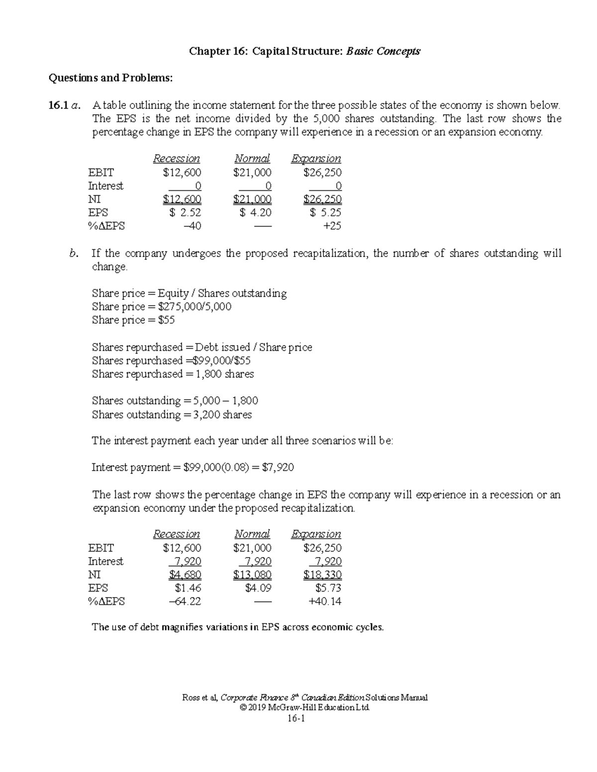 Chapter 16- Capital Structure - A Table Outlining The Income Statement ...