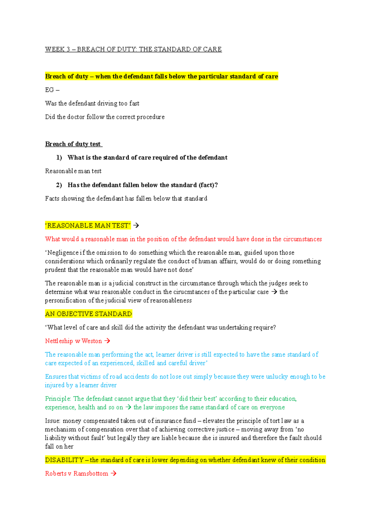 Breach of duty Textbook notes - WEEK 3 – BREACH OF DUTY: THE STANDARD ...