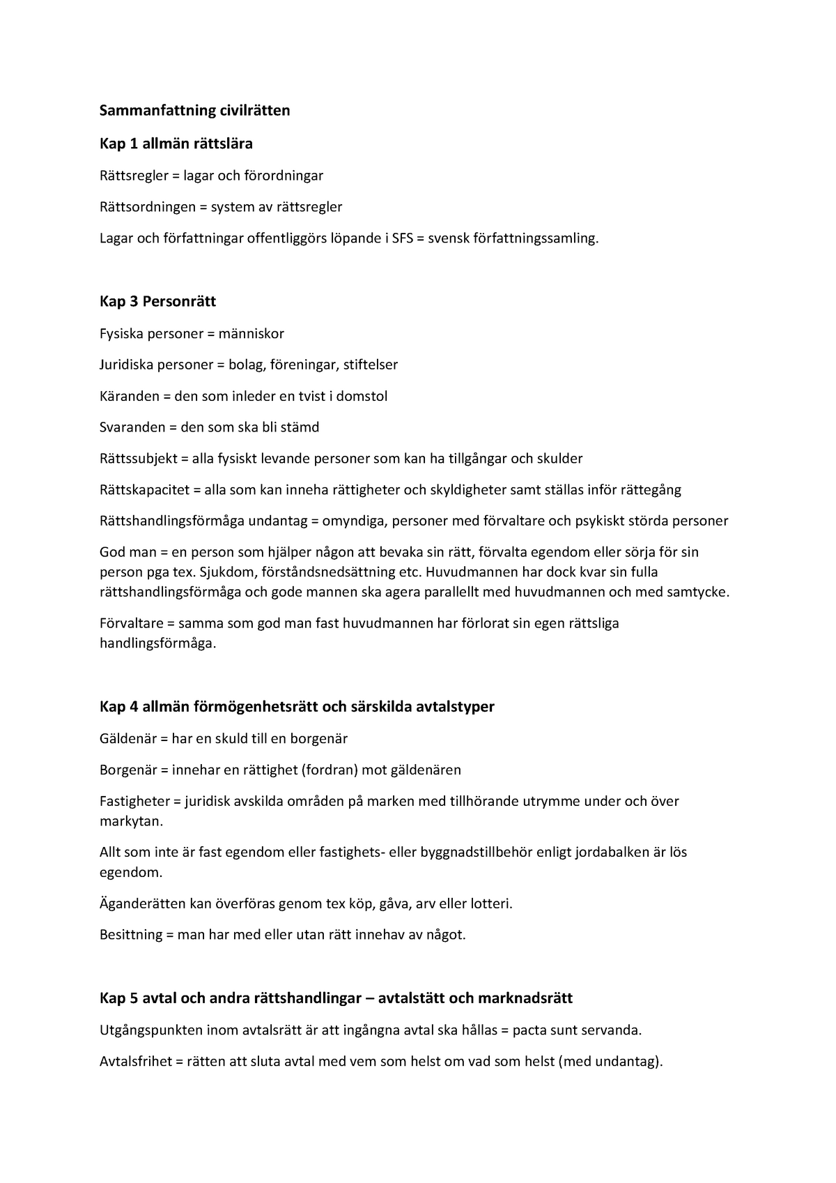 Sammanfattning Civilrättsboken - Sammanfattning Kap 1 Lagar Och System ...