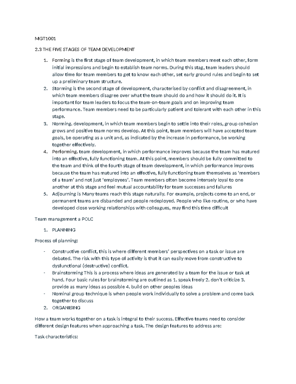 2.3 the five stages of development - MGT 2 THE FIVE STAGES OF TEAM ...