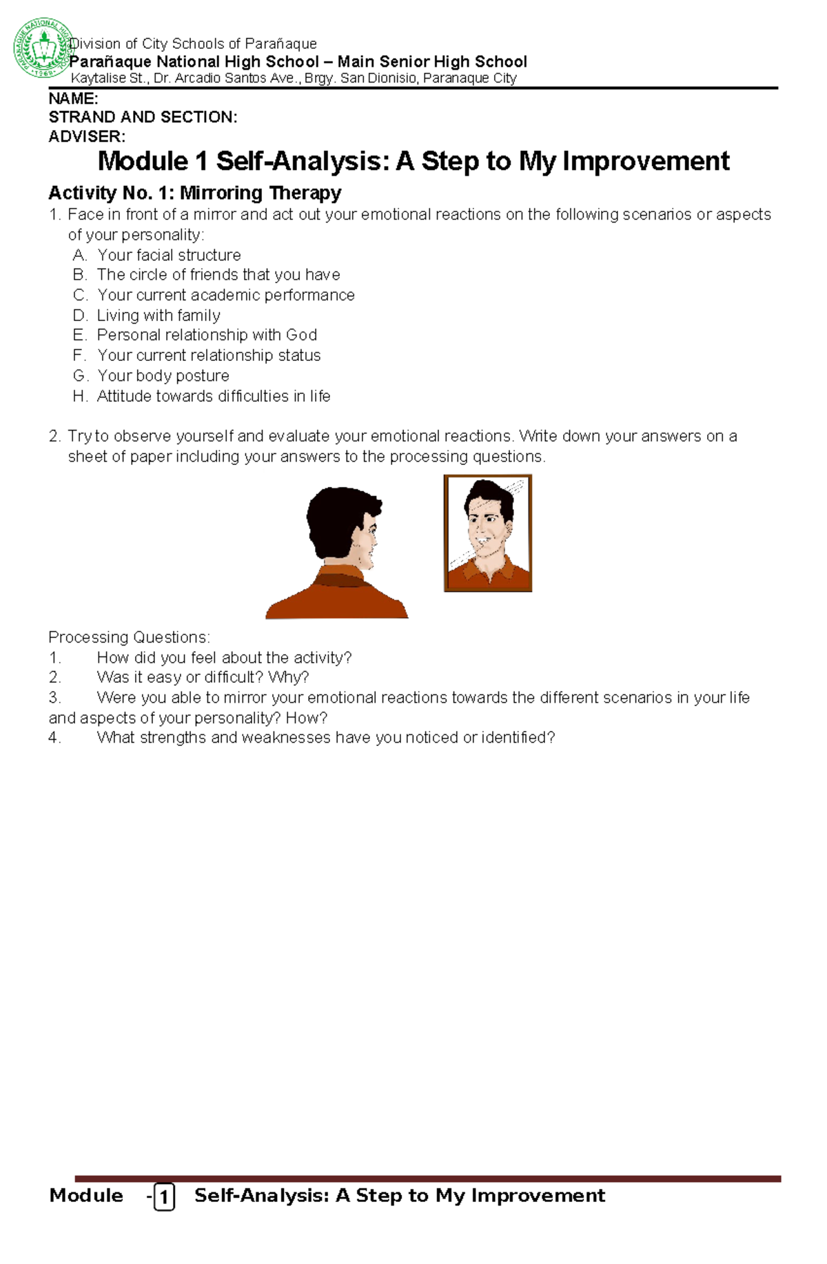 Module 1 Self Analysis A Steps to my Improvement - Parañaque National ...