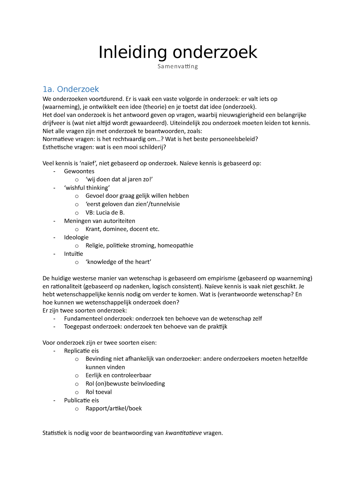 Samenvatting Inleiding Onderzoek - Inleiding Onderzoek Samenvatti Ng 1A.  Onderzoek We Onderzoeken - Studeersnel