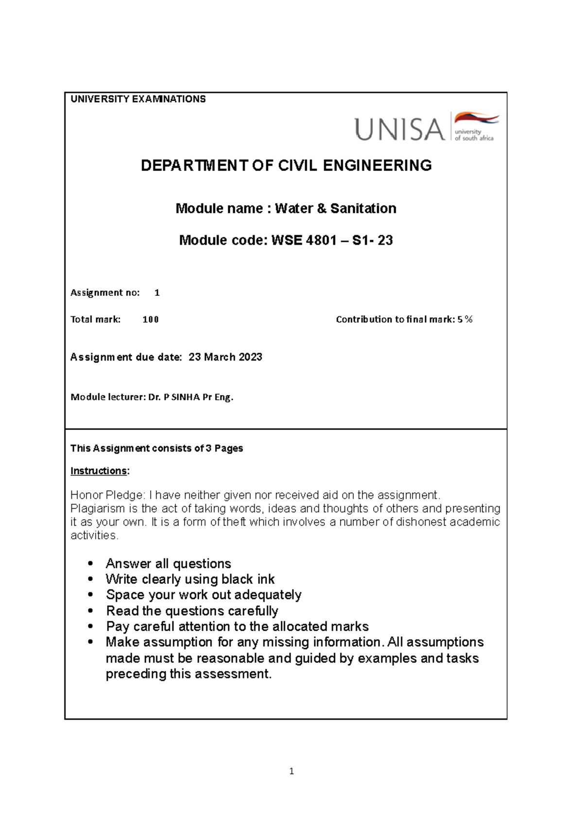 Assignment 1 WSE 4801 Water and Sanitation Engineering IV