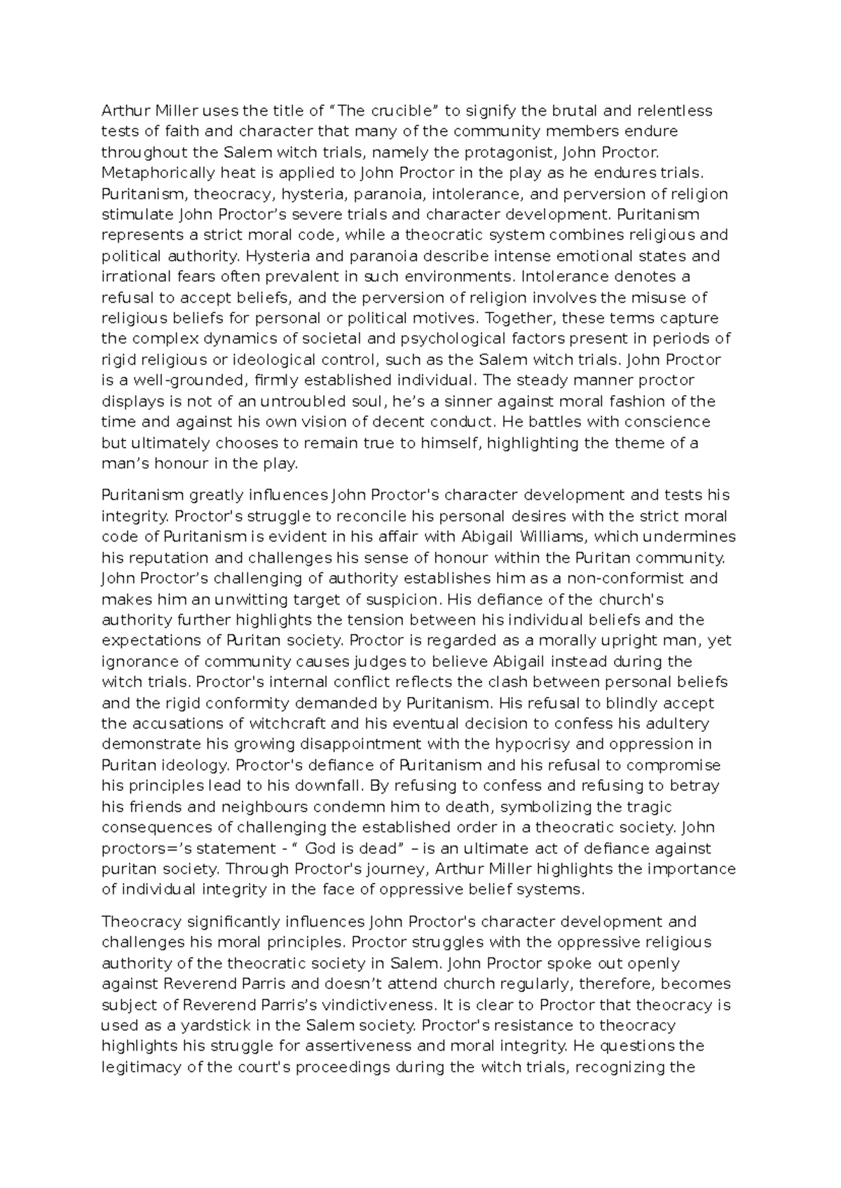 John Proctor essay Arthur Miller uses the title of “The crucible” to