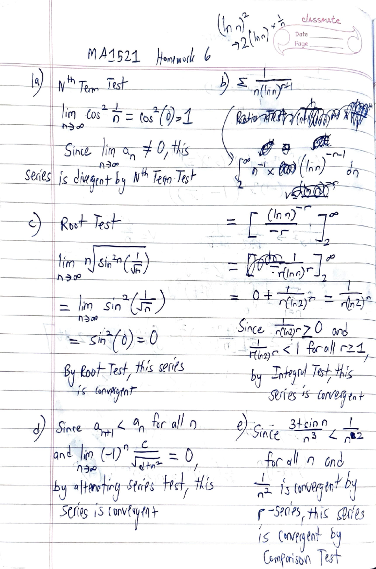 Homework Assignment - (Inn) classmate Date Page MA1521 Homework 6 1a ...