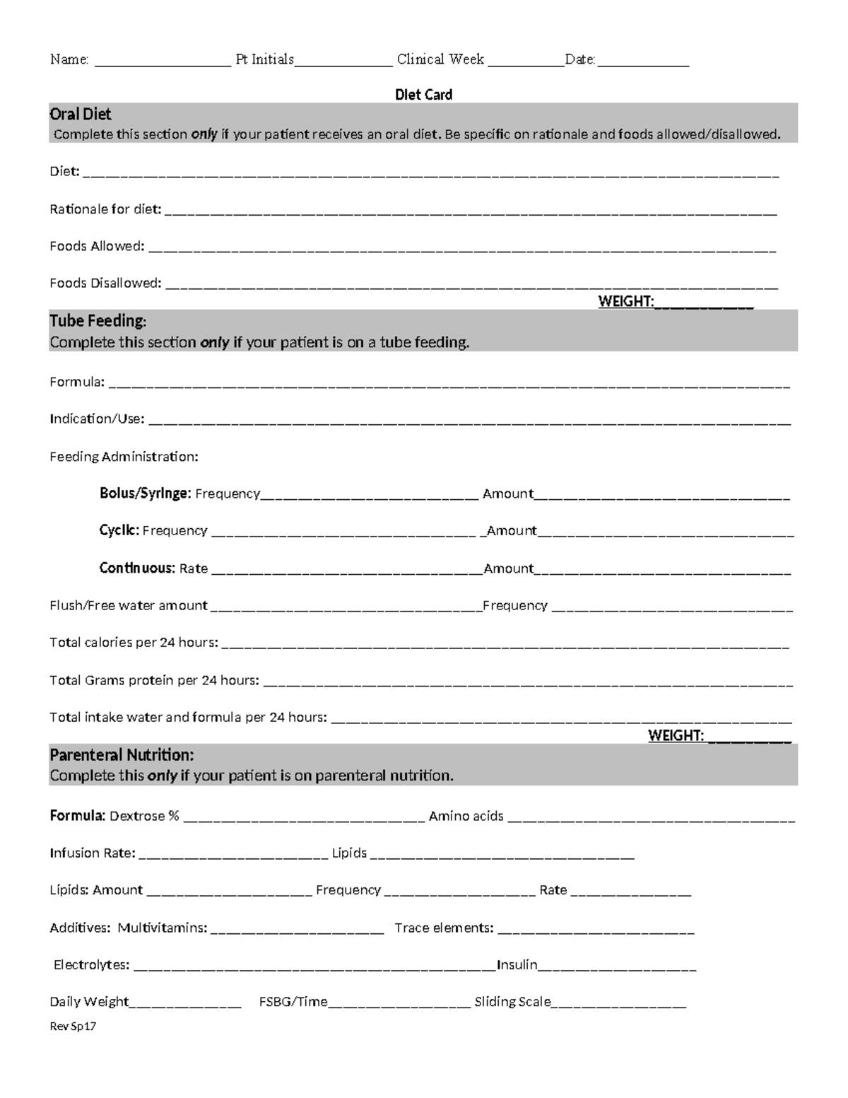 Diet Card worksheet 2023 - Name: __________________ Pt Initials ...