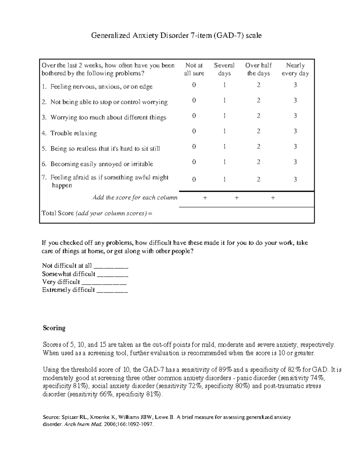 GAD 7 anxiety screen - Assessment checklist-neuro - Generalized Anxiety ...