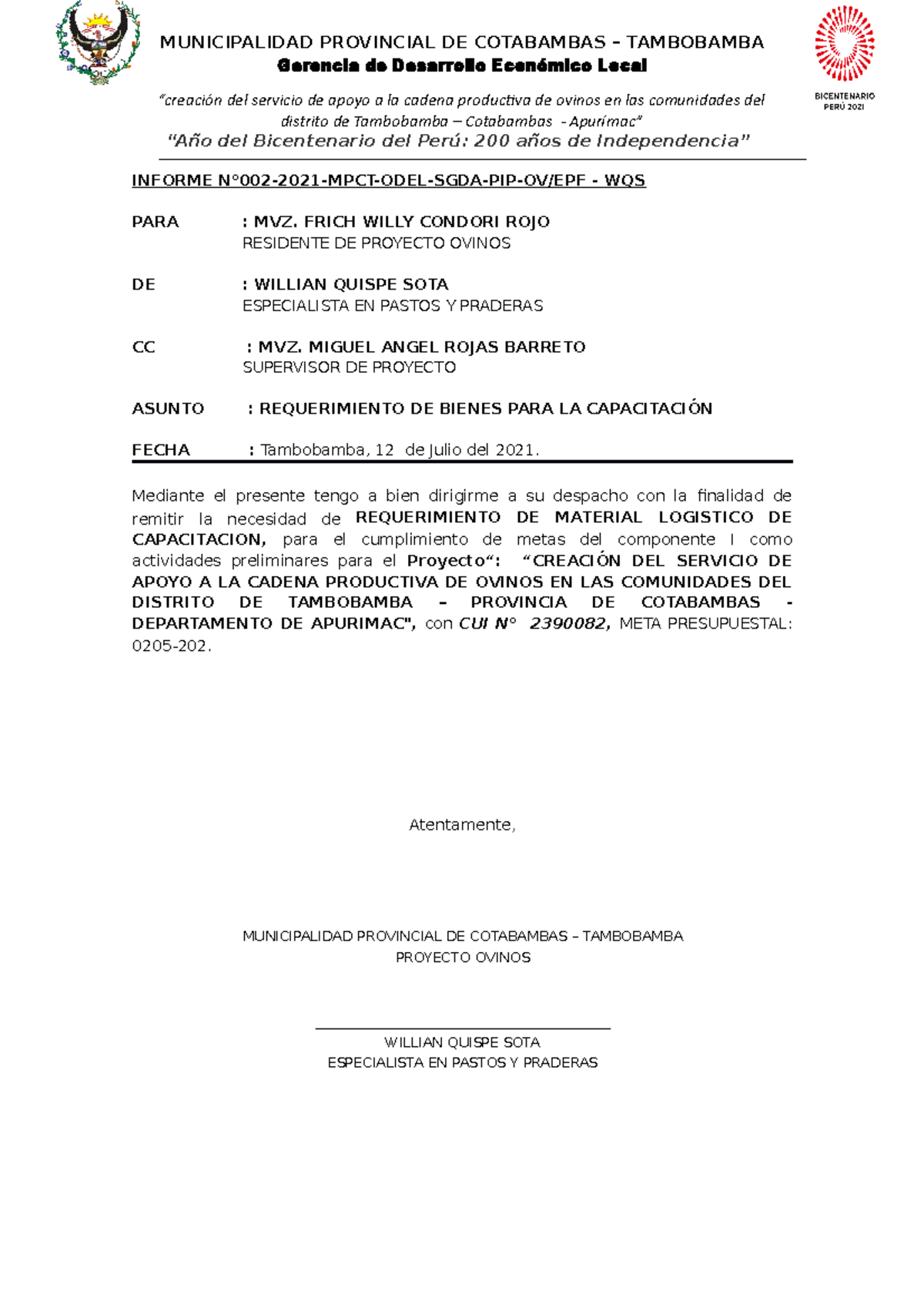 Informe N° 02 Requerimiento DE Materiales DE Capacitacion PIP OV Gerencia de Desarrollo