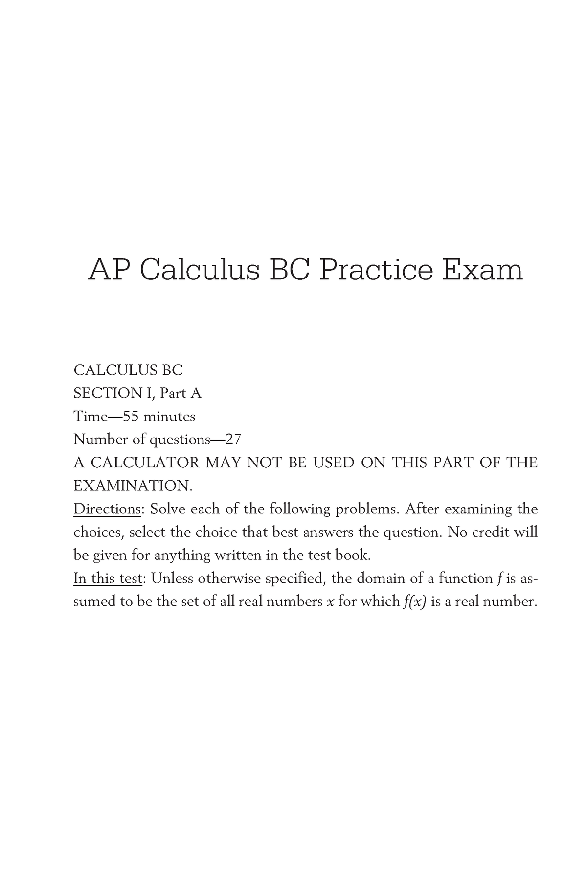 AP Calculus BC Practice Test - AP Calculus BC Practice Exam CALCULUS BC ...